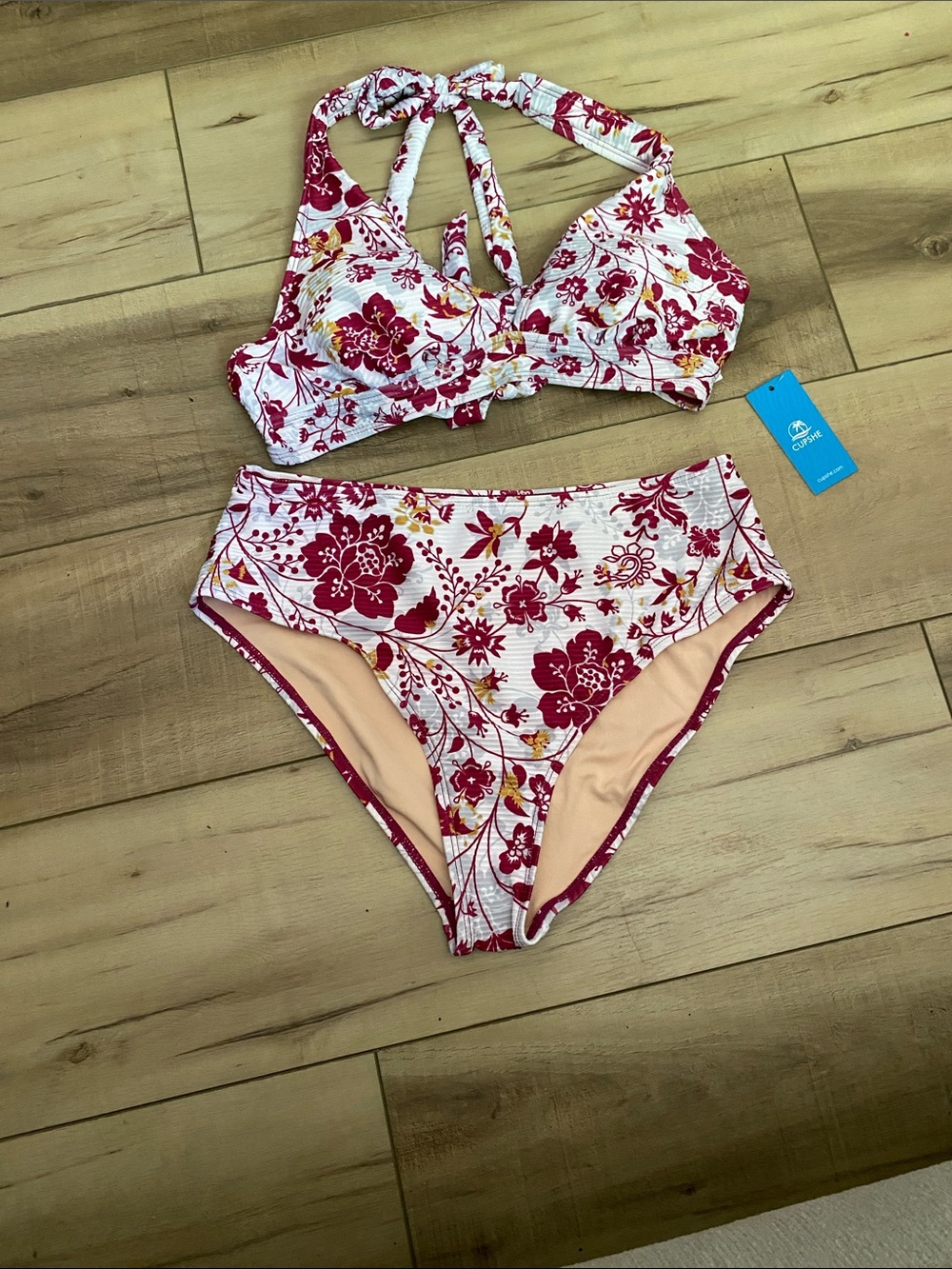 Floral Two-Piece High-Waist Bikini - burgundy & Cream